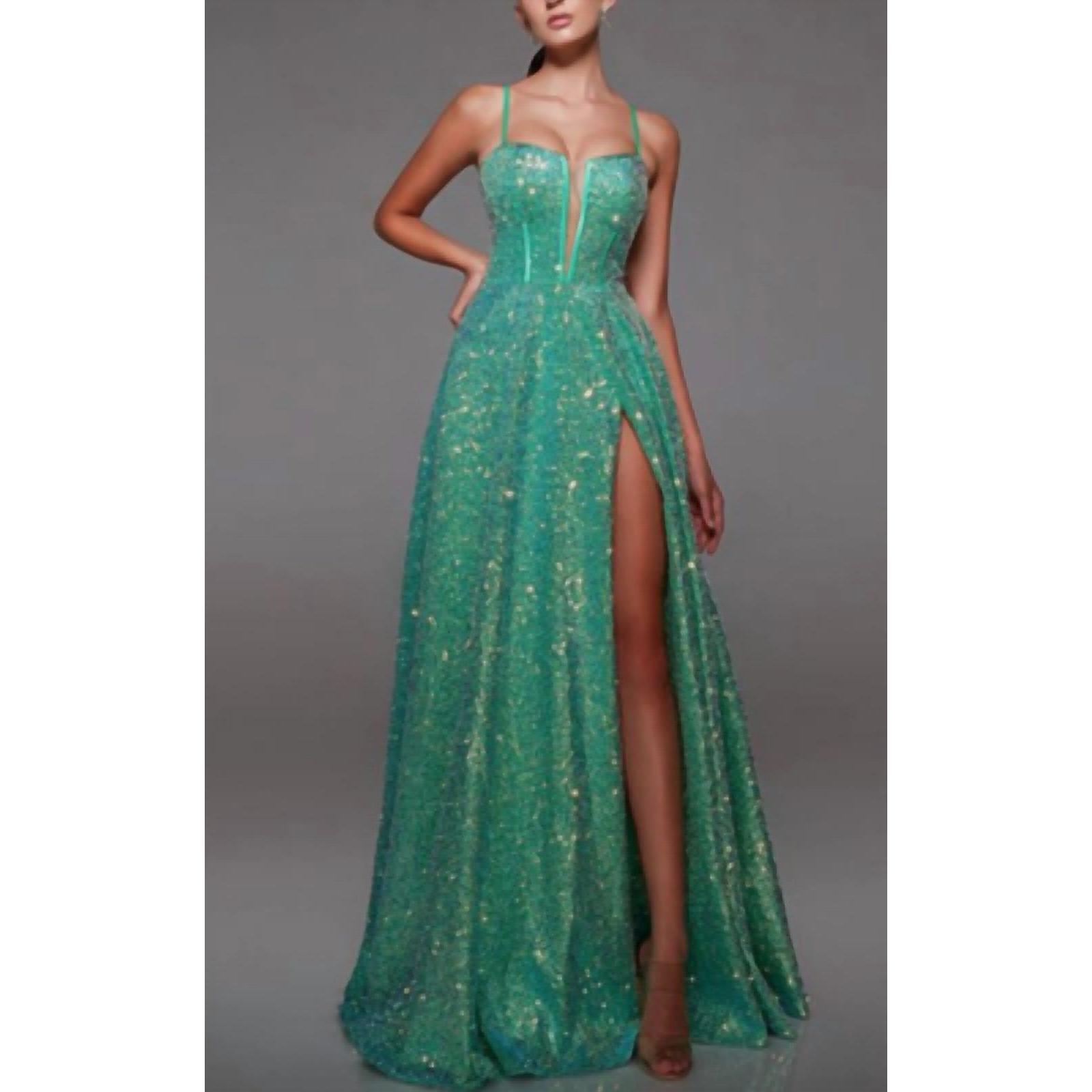 New Alyce Paris Sequin Ball Gown With High Slit In Antifreeze